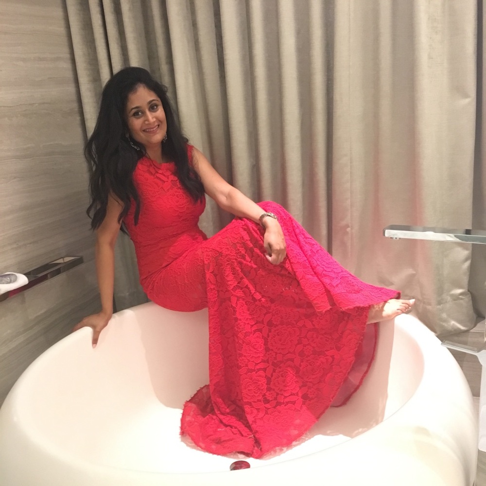 Red lace long dress with open cut out in the back